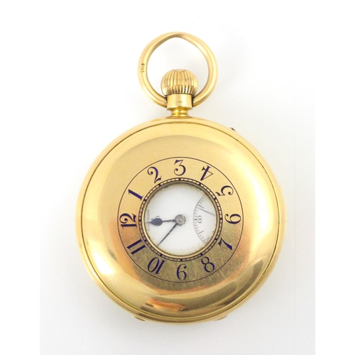 78 - An early 20th century Lund and Blockley 18ct yellow gold half hunter chiming pocket watch, the circu... 