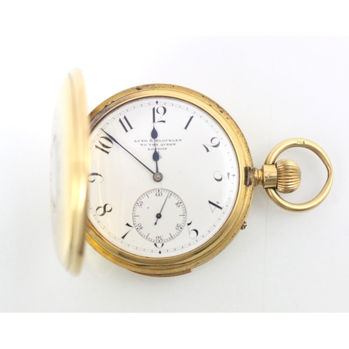 78 - An early 20th century Lund and Blockley 18ct yellow gold half hunter chiming pocket watch, the circu... 