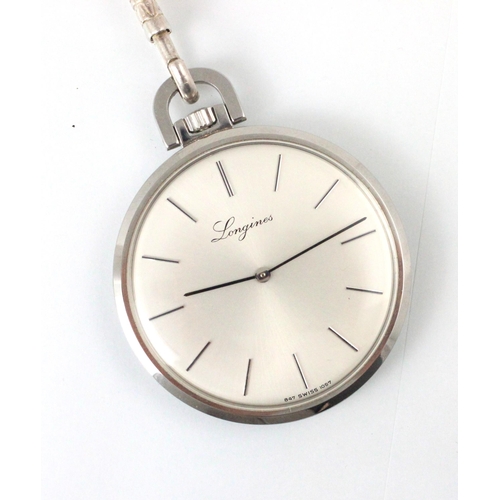 86 - A stainless steel Longines pocket watch, the circular dial with baton marks, set to a plain polished... 