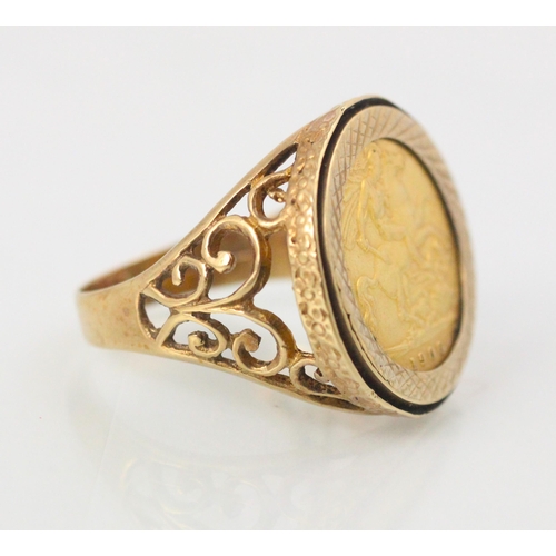 166 - A half sovereign set ring, dated 1906, within 9ct yellow gold openwork ring mount, ring size V, 9.5g... 