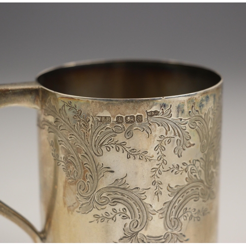 55 - A Victorian silver christening mug, Walker and Hall, Sheffield 1893, of cylindrical form with engrav... 