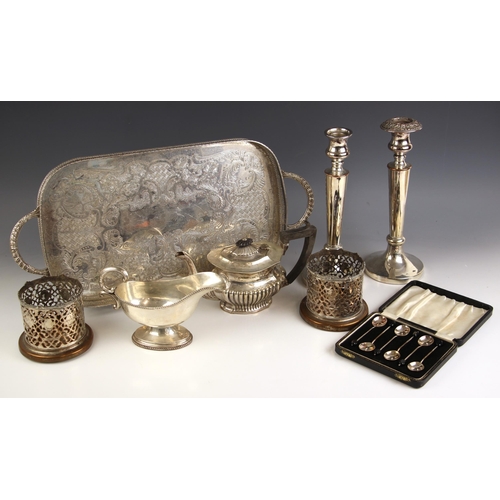 64 - A selection of silver and silver plated items, including a cased set of six 'coffee bean' terminal s... 