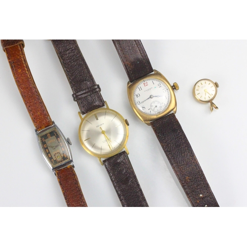 88 - A group of four wristwatches, including a Waltham yellow metal cased example, the circular white dia... 