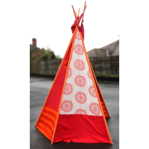 757 - A folding teepee, the five tubular alloy supports covered in vibrant red and orange fabric, pole len... 