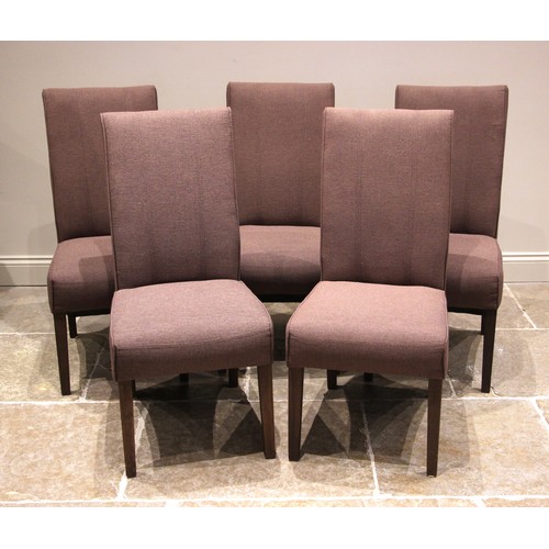 772 - A set of ten contemporary high back dining chairs, in brown fabric, upon stained oak legs of taperin... 