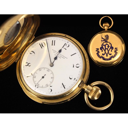 78 - An early 20th century Lund and Blockley 18ct yellow gold half hunter chiming pocket watch, the circu... 