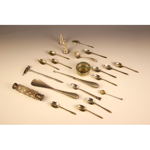 67 - A selection of silver and silver coloured items, including a double ended scent bottle, 14cm long, a... 