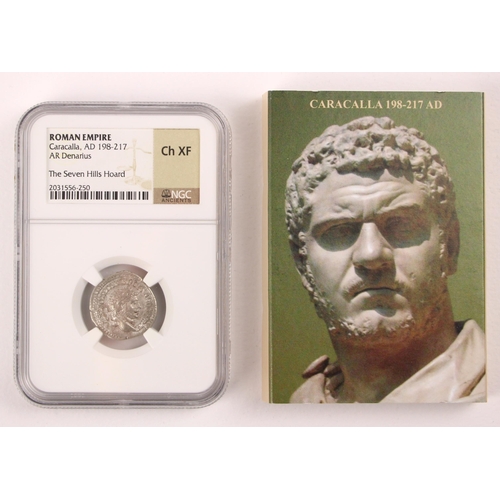 1 - Caracalla (198-217AD) AR Denarius, Laureate head right, Apollo standing facing head left, holding ol... 