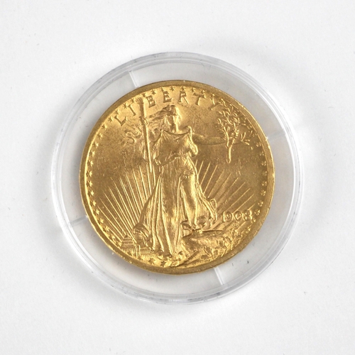 17 - United States, Double Eagle, Saint-Gaudens, gold $20, 1908, missing motto, Liberty standing holding ... 