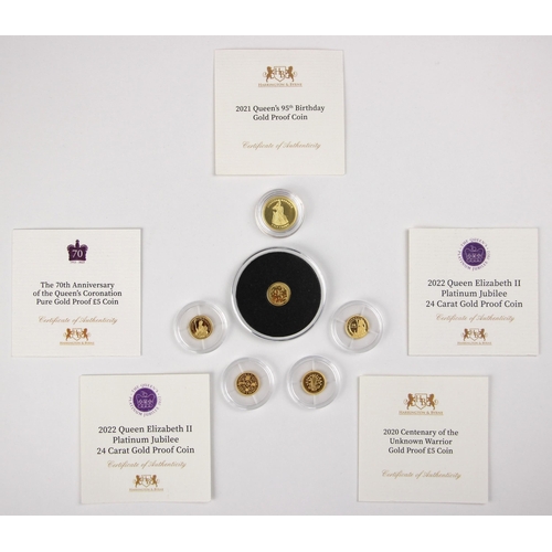 33 - Five 24 carat gold 0.50g proof coins, comprising; 2020 centenary of The Unknown Soldier, 2021 Queen'... 