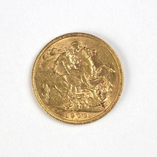 49 - Edward VII (1902-1910), Full Sovereign, 1909, London Mint, St George reverse, within associated West... 