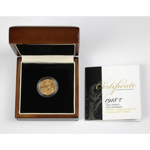 51 - George V (1910-1936), Full Sovereign, 1918, Bombay Mint, St George reverse, encapsulated, cased with... 