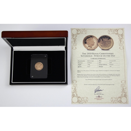 56 - Elizabeth II (1952-2022), Full Sovereign, 2018, Royal Christening Gibraltar proof, struck on the day... 