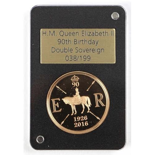 66 - Elizabeth II (1952-2022), £2 90th Birthday Double Sovereign, 2016, proof, 038/199, London Mint, Quee... 