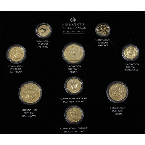 149 - Her Majesty's Jubilee Coinage, Diamond Edition Gold Plated Coin Set, encapsulated, cased, with The L... 