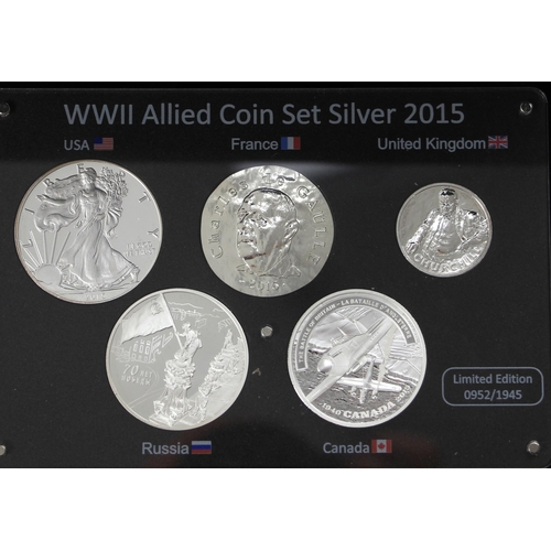 157 - The WWII Allied silver Coin Set, 2015, Edition 952/1945, comprising: American Eagle 1oz, CAD $20, £2... 