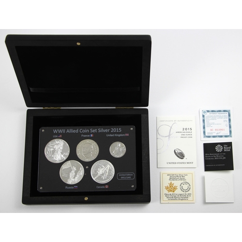 157 - The WWII Allied silver Coin Set, 2015, Edition 952/1945, comprising: American Eagle 1oz, CAD $20, £2... 