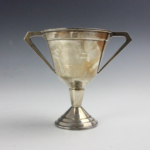 110 - A George V silver twin handled trophy, James Fenton & Co, Birmingham 1936, the flared rim above plai... 