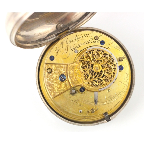 133 - Cockfighting interest: A 19th century silver pair cased pocket watch, the circular white enamel dial... 