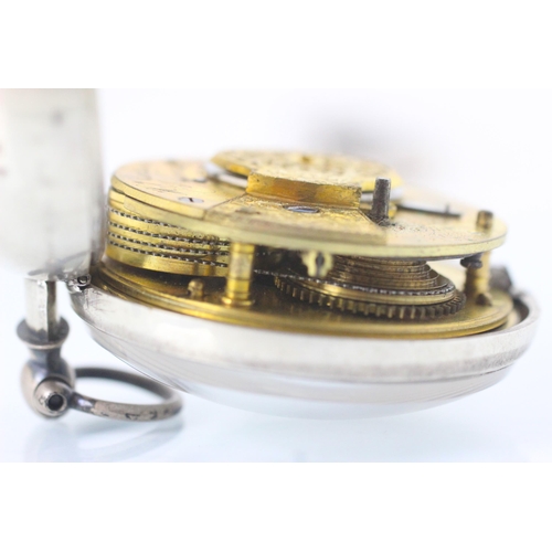 133 - Cockfighting interest: A 19th century silver pair cased pocket watch, the circular white enamel dial... 