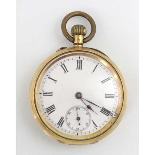 134 - A yellow metal ladies open faced pocket watch, the white enamel dial with Roman numerals and subsidi... 