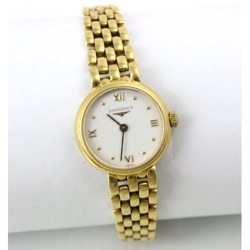 136 - An 18ct yellow gold ladies Longines wristwatch, the circular white dial with Roman numerals and dot ... 