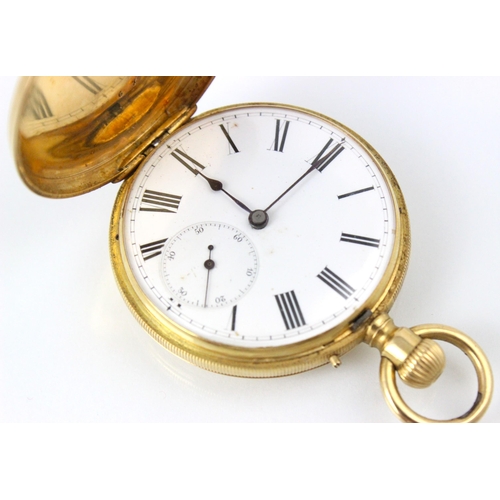 149 - An early 20th century yellow metal full hunter pocket watch, the white enamel dial with Roman numera... 