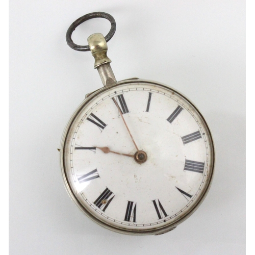 150 - A 19th century silver verge pair cased pocket watch, the circular white enamel dial with Roman numer... 