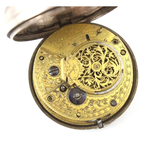 150 - A 19th century silver verge pair cased pocket watch, the circular white enamel dial with Roman numer... 