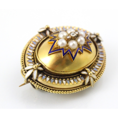 195 - A 19th century diamond and enamel pendant/brooch, the raised oval yellow metal dome set with three g... 