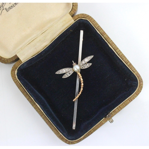 198 - An early 20th century diamond dragonfly brooch, the cultured pearl body leading to mixed cut diamond... 