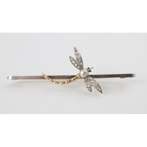 198 - An early 20th century diamond dragonfly brooch, the cultured pearl body leading to mixed cut diamond... 