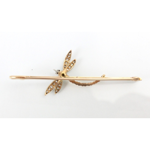 198 - An early 20th century diamond dragonfly brooch, the cultured pearl body leading to mixed cut diamond... 