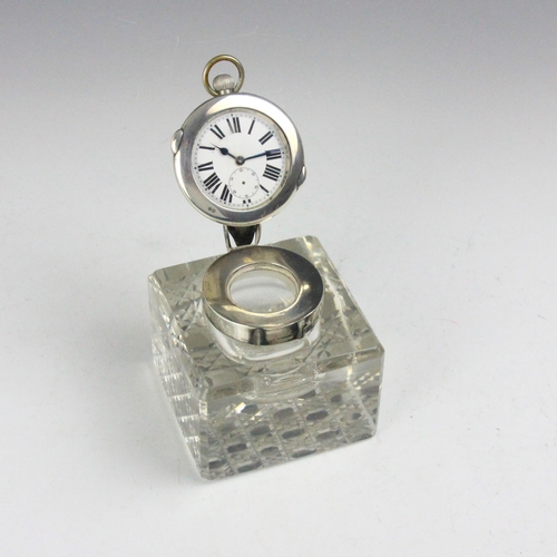 22 - An Edwardian silver mounted combination desk inkwell and pocket watch stand, John Charles Grinsell, ... 