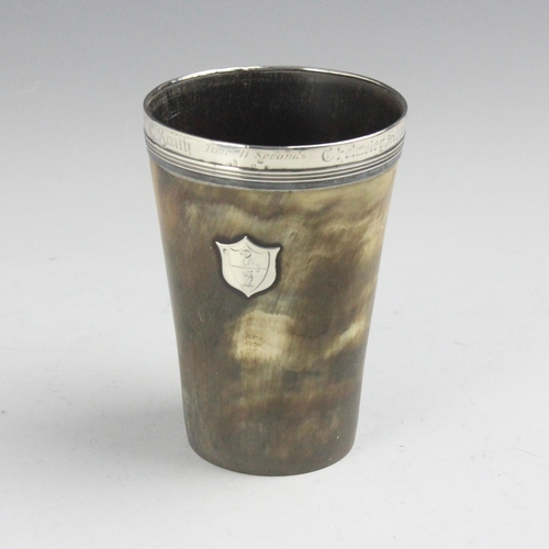 23 - A 19th century silver mounted presentation horn mug, the plain polished rim engraved 'in celebration... 