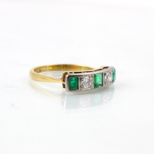 276 - An early 20th century style untested emerald and diamond five stone ring, the two old cut diamonds w... 