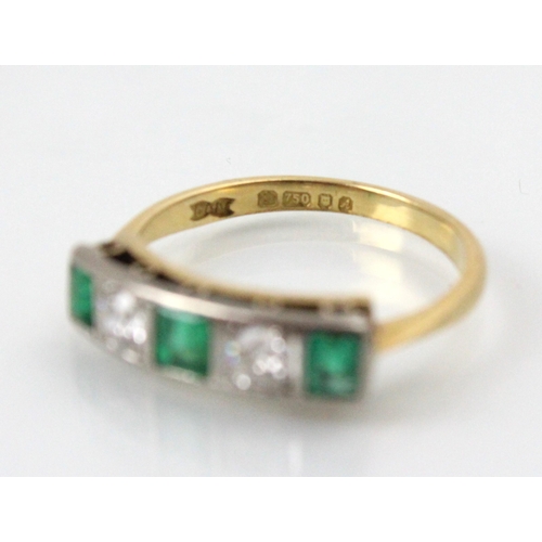 276 - An early 20th century style untested emerald and diamond five stone ring, the two old cut diamonds w... 