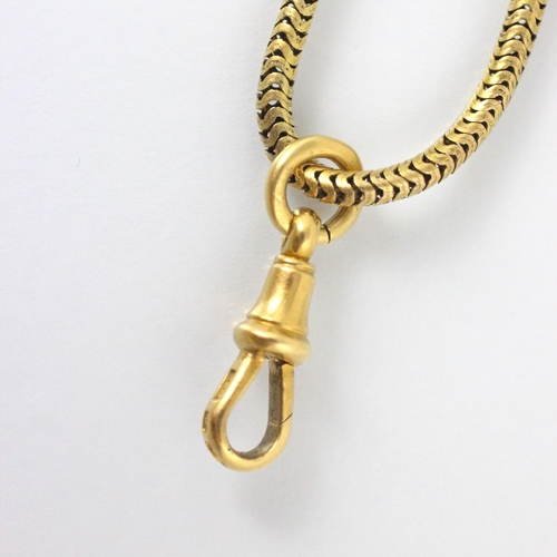 330 - An early 20th century yellow metal chain, the snake link chain with applied '15c' pad and engraved b... 