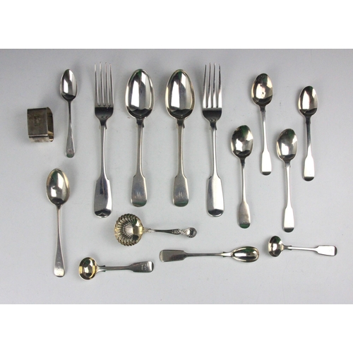 34 - A selection of silver, including a pair of Victorian silver Fiddle pattern dessert spoons, Charles L... 