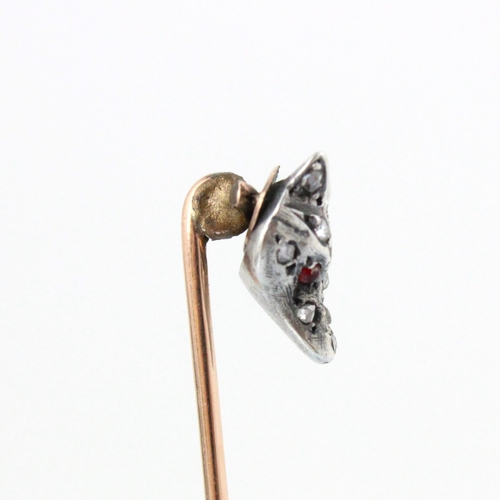 348 - A 19th century diamond set foxes head stick pin, the fox head set with fifteen mixed cut diamonds an... 