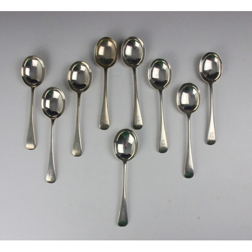 40 - A set of six George V silver Old English pattern soup spoons, Mappin and Webb, London 1922, of typic... 