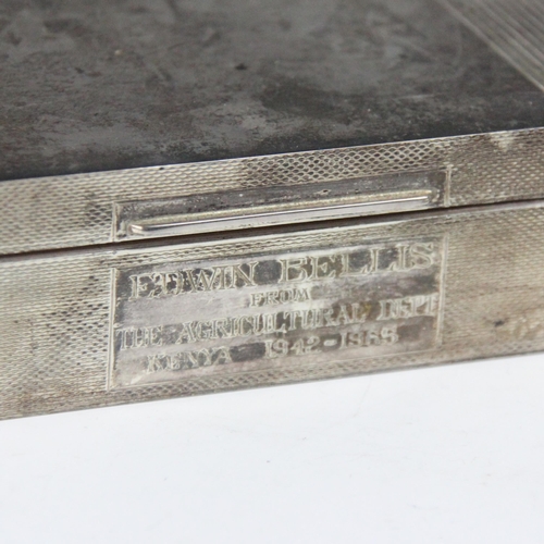 53 - A silver cigarette box, Harman Brothers, Birmingham 1960, with engine turned detail and engraved ‘Ed... 