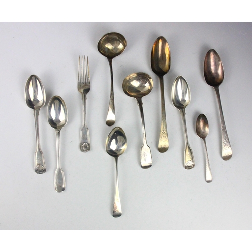 64 - A selection of silver flatware, including a pair of George III silver Old English pattern serving sp... 