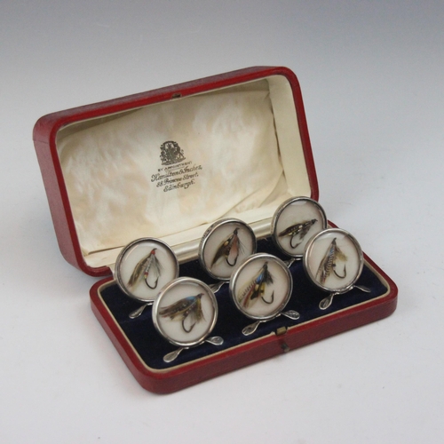 67 - Fly Fishing Interest: A cased set of George V silver mounted menu/name card holders, Grey & Co, Ches... 