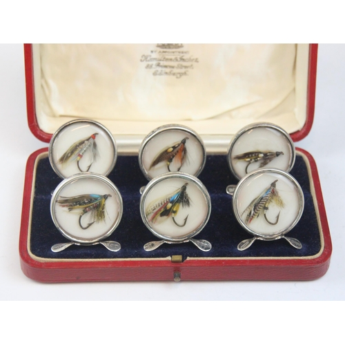 67 - Fly Fishing Interest: A cased set of George V silver mounted menu/name card holders, Grey & Co, Ches... 