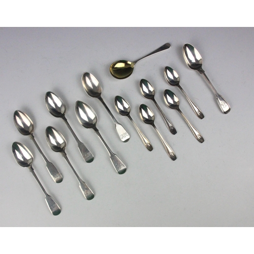 9 - Three George III fiddle pattern silver teaspoons, London 1819, various makers, with monogram to term... 