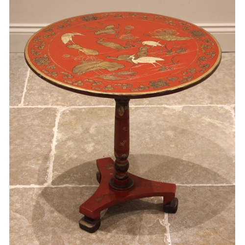 1003 - A late 19th century Chinese red lacquer chinoiserie tilt top occasional table, the circular top deta... 