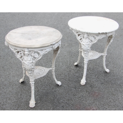 1085 - A pair of Victorian cast iron pub tables, each typically cast with a figure of a shielded Britannia ... 