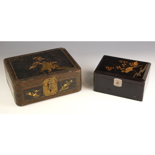 846 - A Chinoiserie lacquered box, 19th century, of rectangular form, the hinged cover decorated with a ro... 