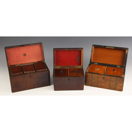 847 - A George III mahogany tea caddy, of rectangular form, the hinged cover opening to three lidded compa... 